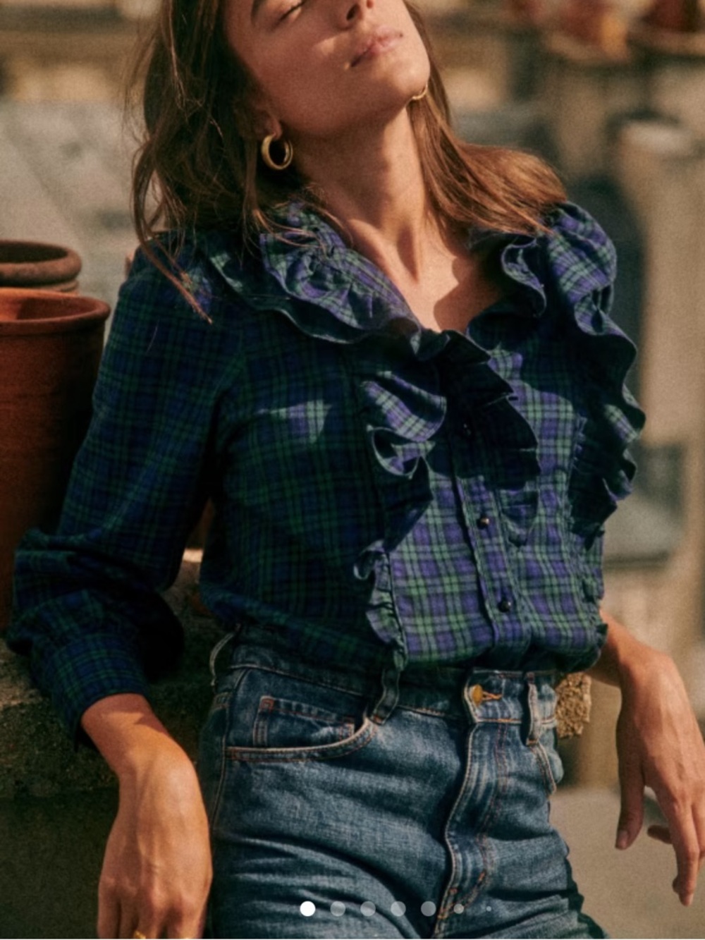 Sézane JANE Button down shirt Blue Green Tartan Ruffle trim size 36